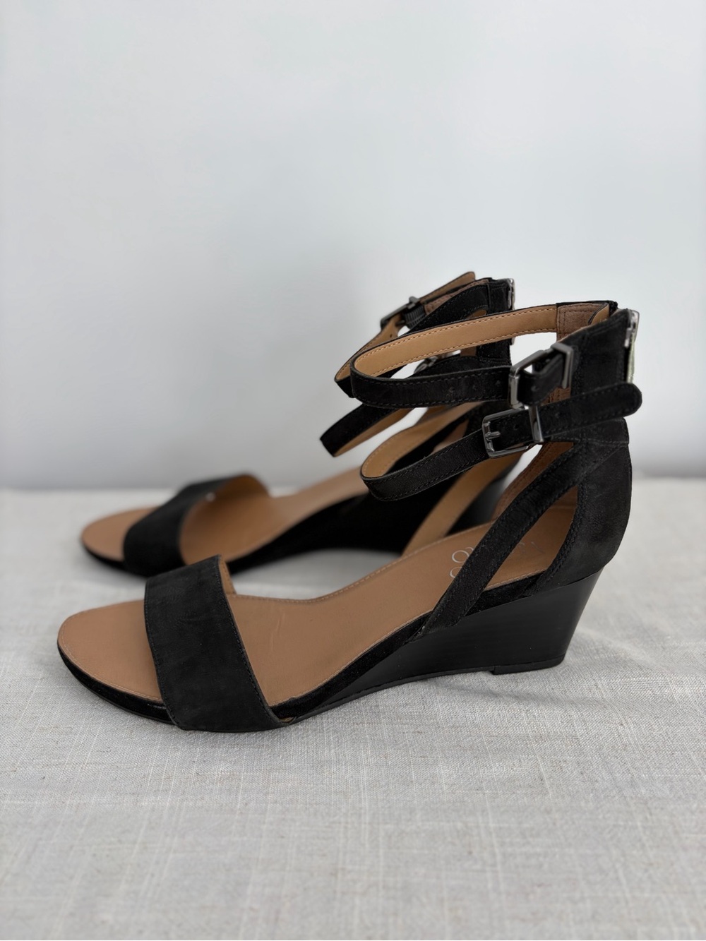 Franco Sarto Black Suede Strappy Wedge Sandals